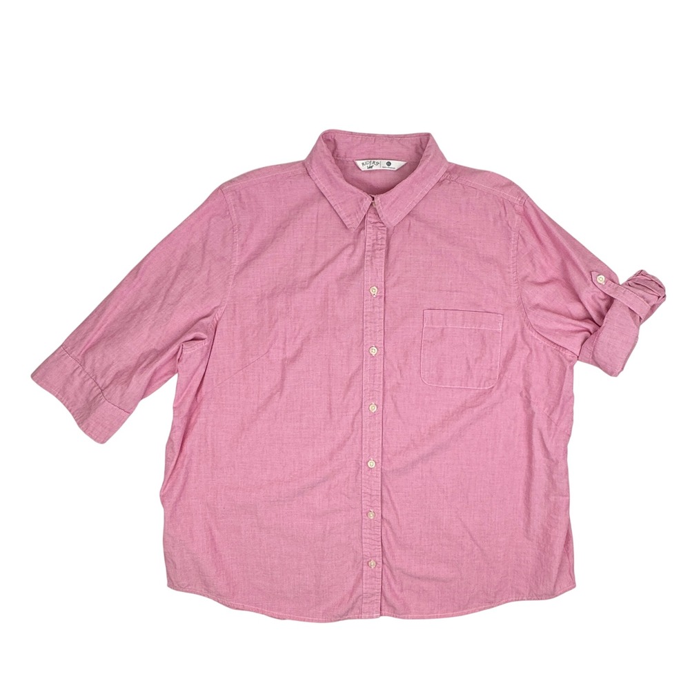 Riders by Lee Sz XL Button Down Shirt Pink Roll Tab 3/4 Sleeve Chambray Cotton